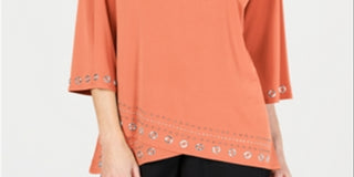 JM Collection Women's Embellished Boat Neck Top Orange Size Medium