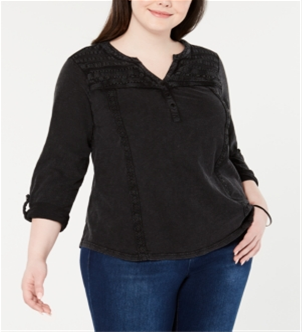 Style & Co Women's Crochet Trim Split Neck Top Black Size 0X