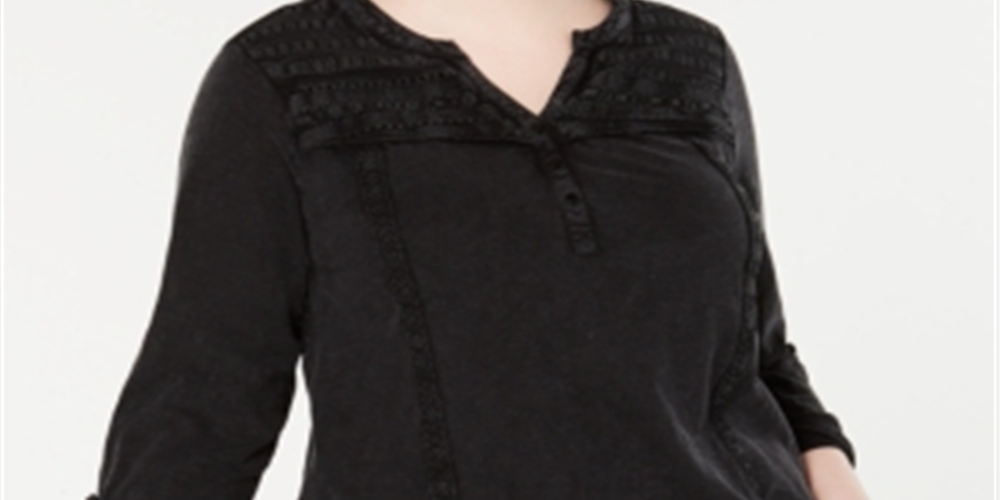 Style & Co Women's Crochet Trim Split Neck Top Black Size 0X