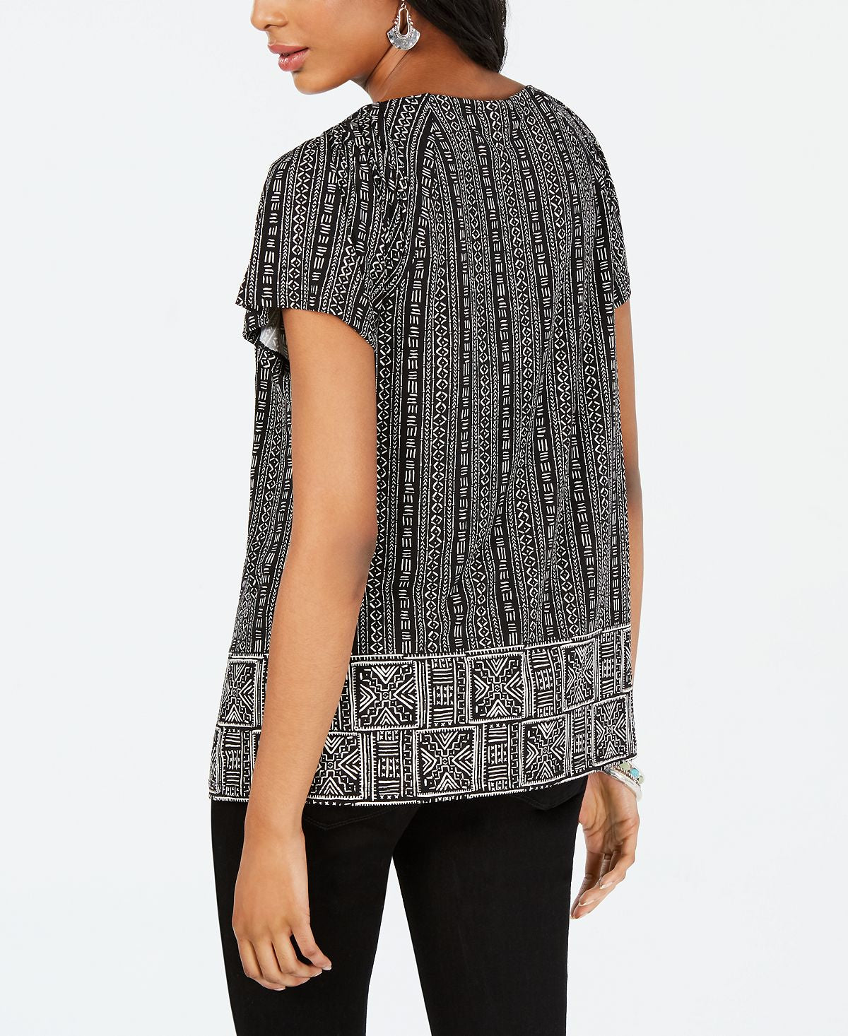 Style & Co Women's Printed Pleated Scoop Neck Top Black Size Petite