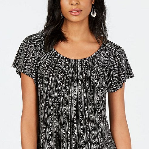 Style & Co Women's Printed Pleated Scoop Neck Top Black Size Petite