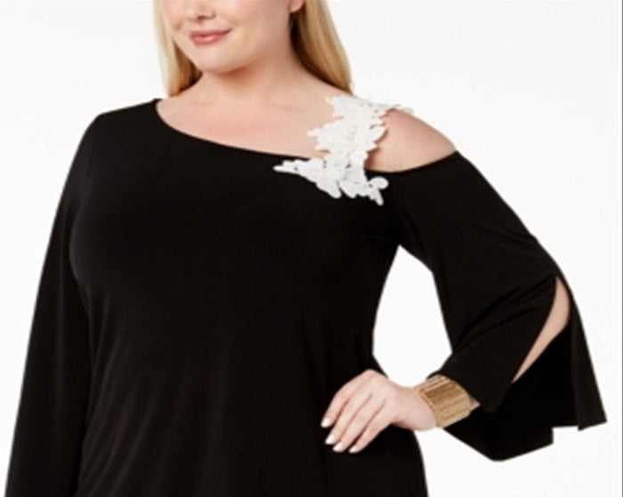 Alfani Women's Plus One Shoulder Applique Top Black Size 4X