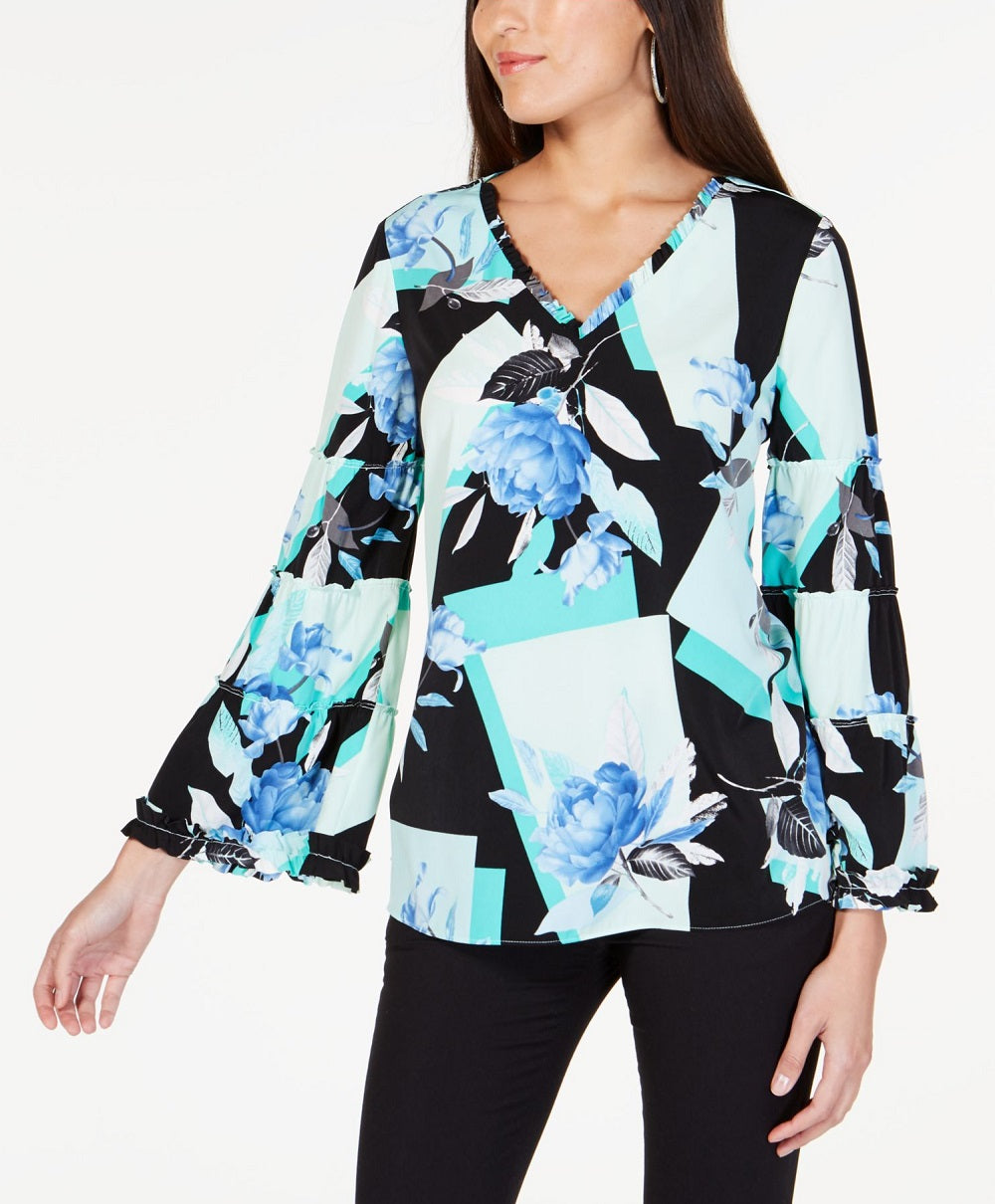 Alfani Women's Aqua Ruffled Printed Long Sleeve V Neck Blouse Black Size X-Large