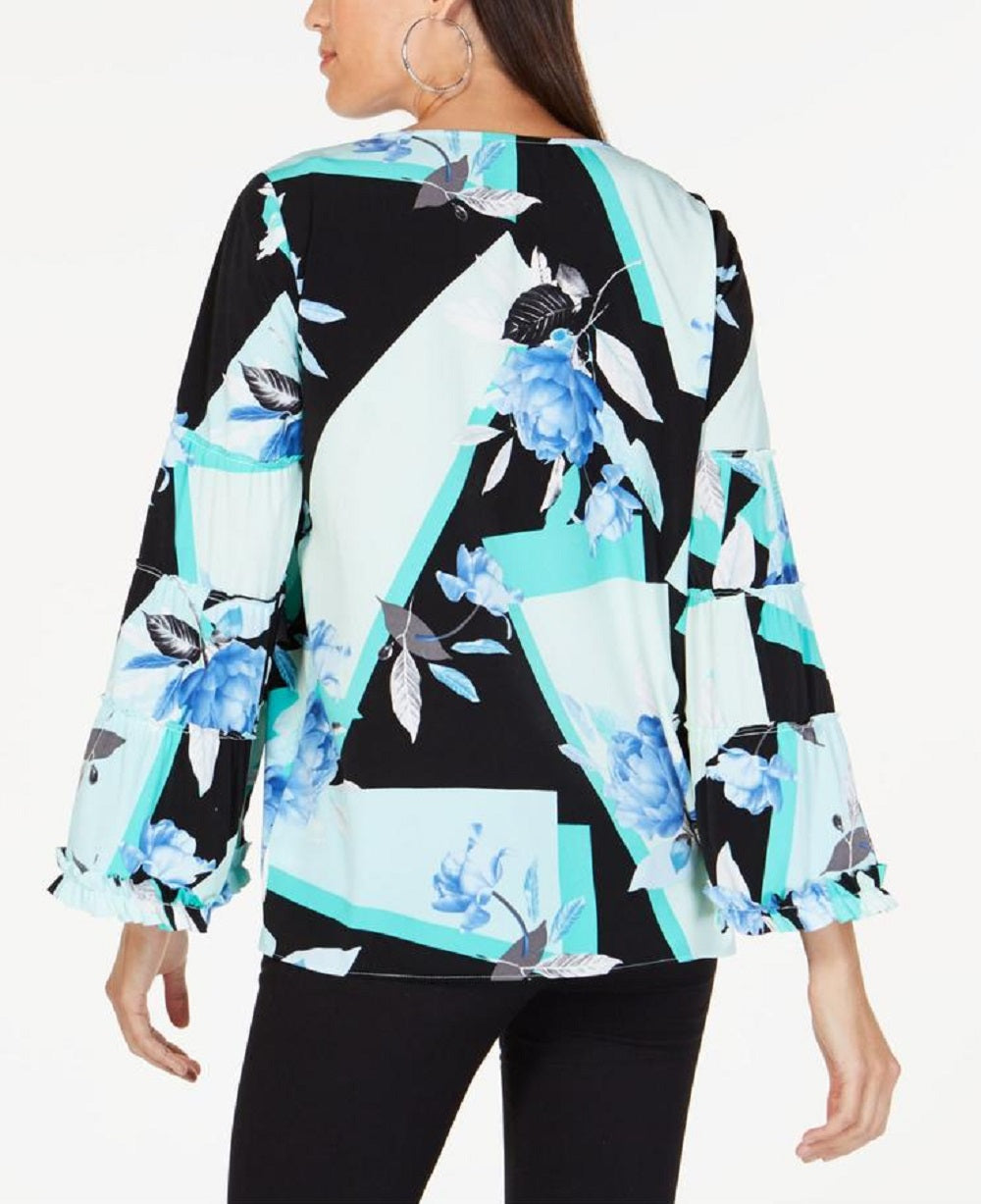 Alfani Women's Aqua Ruffled Printed Long Sleeve V Neck Blouse Black Size X-Large