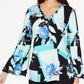 Alfani Women's Aqua Ruffled Printed Long Sleeve V Neck Blouse Black Size X-Large