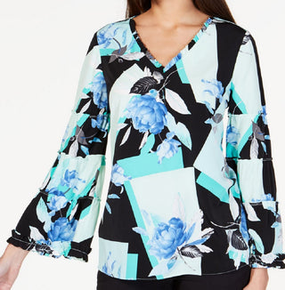 Alfani Women's Aqua Ruffled Printed Long Sleeve V Neck Blouse Black Size X-Large
