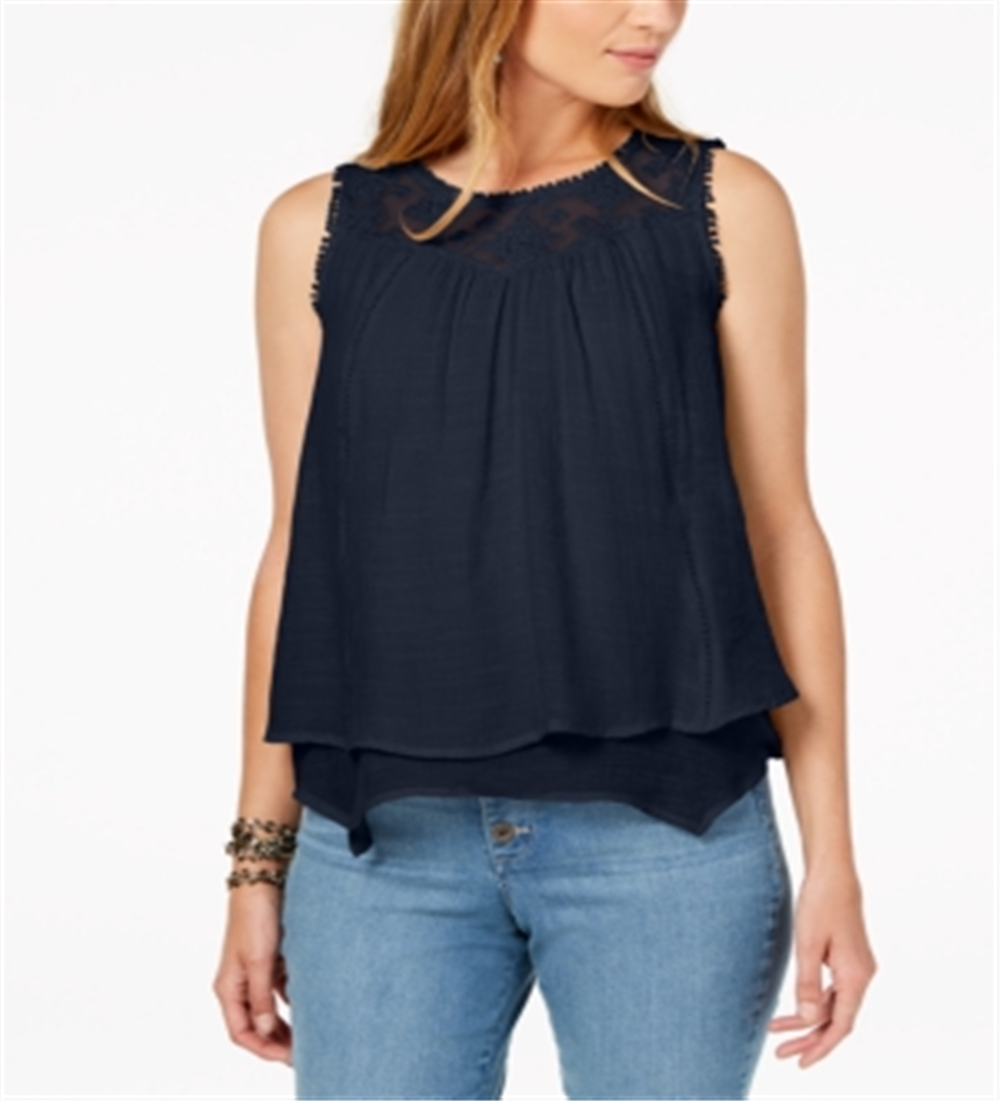 Style & Co Men's Layered Hem Lace Trim Top Blue Size Petite L