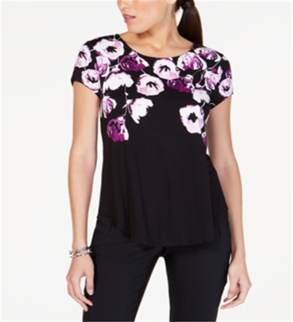 Alfani Women's Printed Round-Hem T-Shirt Black Size Petite S