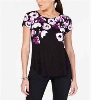 Alfani Women's Printed Round-Hem T-Shirt Black Size Petite S