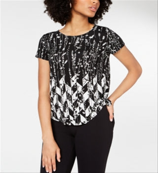 Alfani Women's Printed Round Hem T-Shirt Black Size Petite Medium