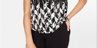 Alfani Women's Printed Round Hem T-Shirt Black Size Petite Medium