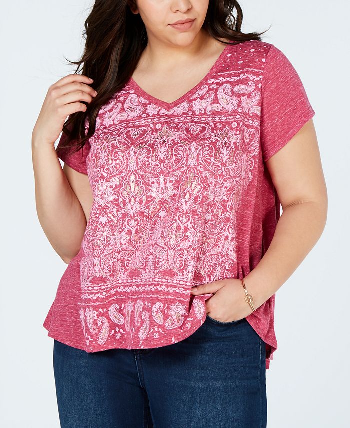 Style & Co Women's Plus Printed Short Sleeves T-Shirt Pink Size 0X