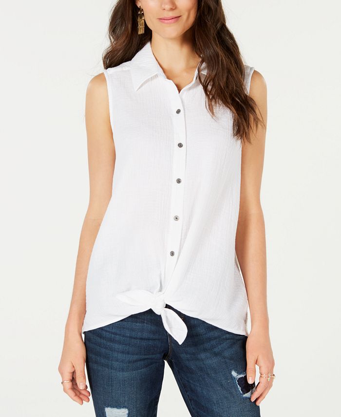 Style & Co Women's Cotton Tie Front Button up Top White Size Medium