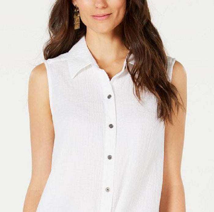 Style & Co Women's Cotton Tie Front Button up Top White Size Medium