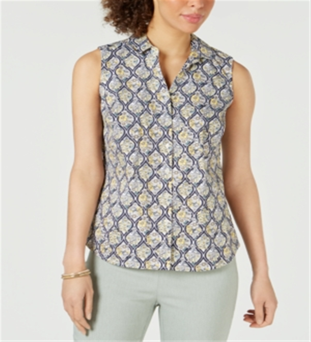 Charter Club Women's Printed Sleeveless Shirt Yellow/Dark Blue  Size 4