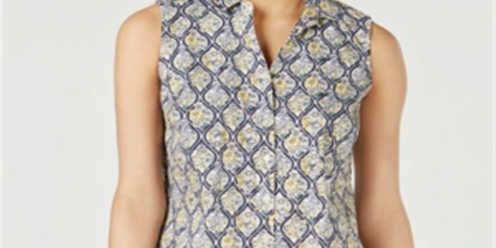 Charter Club Women's Printed Sleeveless Shirt Yellow/Dark Blue  Size 4