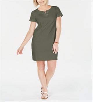 Karen Scott Women's Cotton Lace up Shift Dress Green Size X-Small