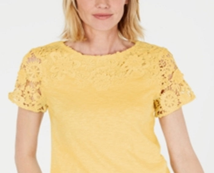 Charter Club Women's Cotton Lace Embellished T-Shirt Yellow Size X-Large