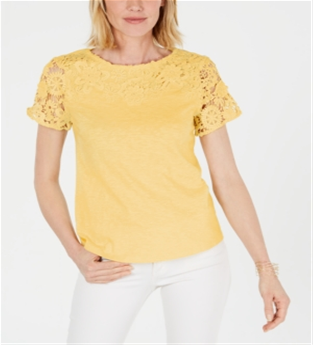 Charter Club Women's Cotton Lace Embellished T-Shirt Yellow Size X-Large