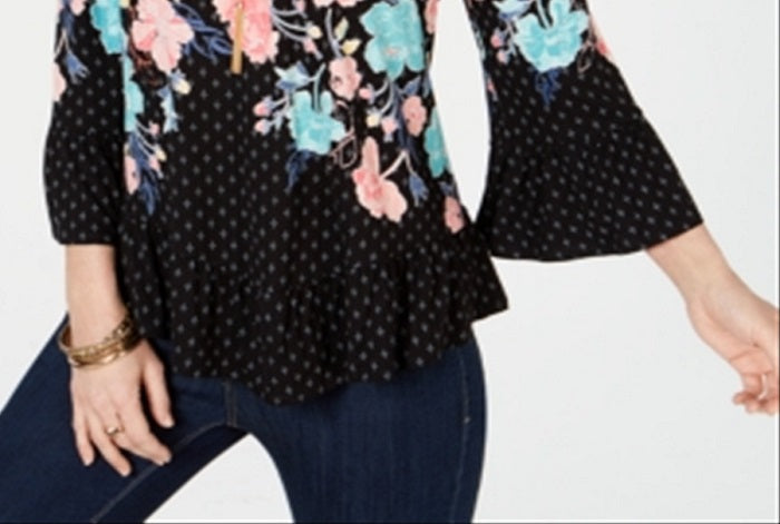 Style & Co Women's Printed Off the Shoulder Top Black Size XX-Large