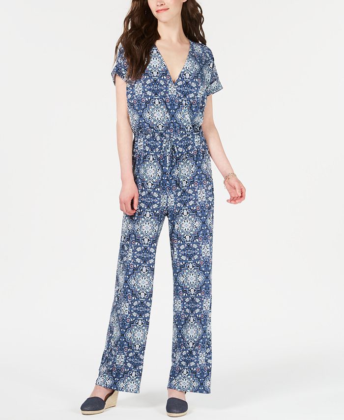Style & Co Women's V Neck Printed Knit Jumpsuit Blue Size Small