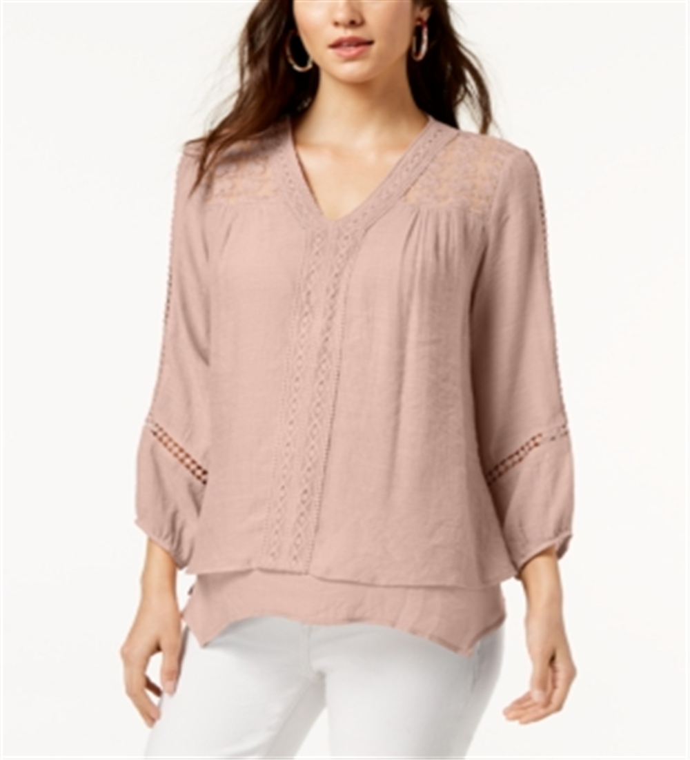 Style & Co Women's Lace Yoke Handkerchief Hem Top Pink Size X-Large