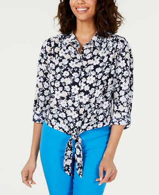 Charter Club Women's Floral 3/4 Sleeve Blouse Top Blue Size Medium