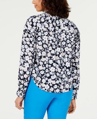 Charter Club Women's Floral 3/4 Sleeve Blouse Top Blue Size Medium