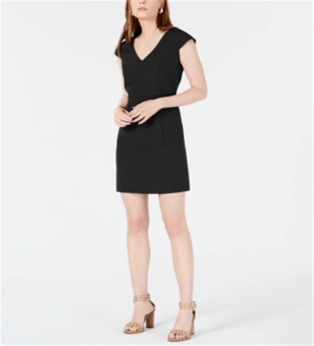 Bar III Women's Short Sleeve V Neck Mini Sheath Cocktail Dress Black Size 6