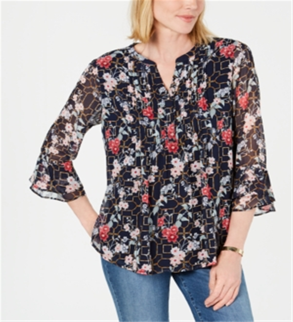 Charter Club Women's Floral Pintuck Top Blue Size X-Large