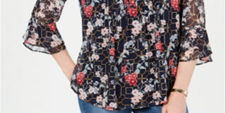 Charter Club Women's Floral Pintuck Top Blue Size X-Large