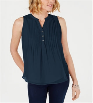 Charter Club Women's Sleeveless Pintuck Blouse Blue Size X-Large