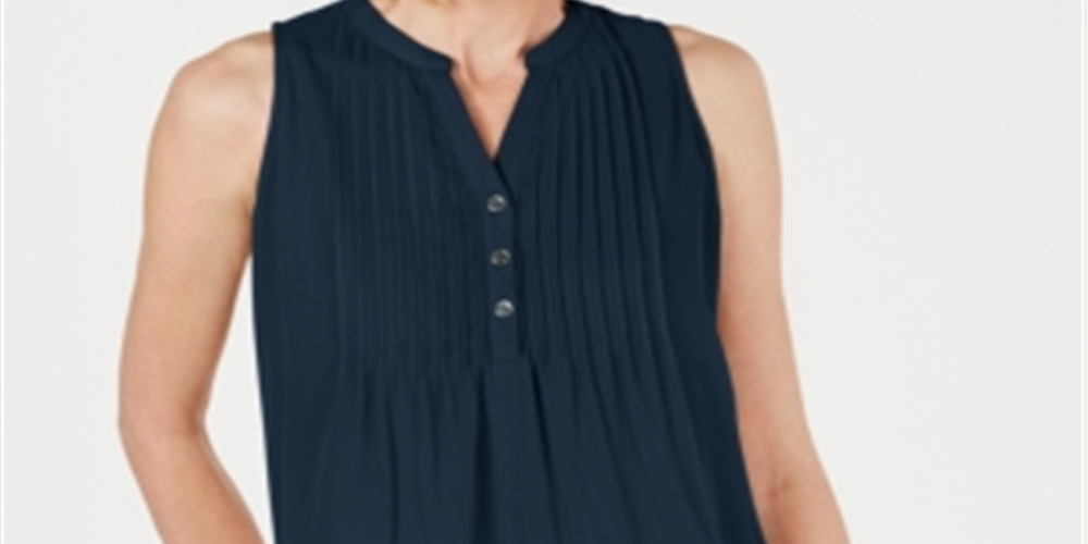 Charter Club Women's Sleeveless Pintuck Blouse Blue Size X-Large