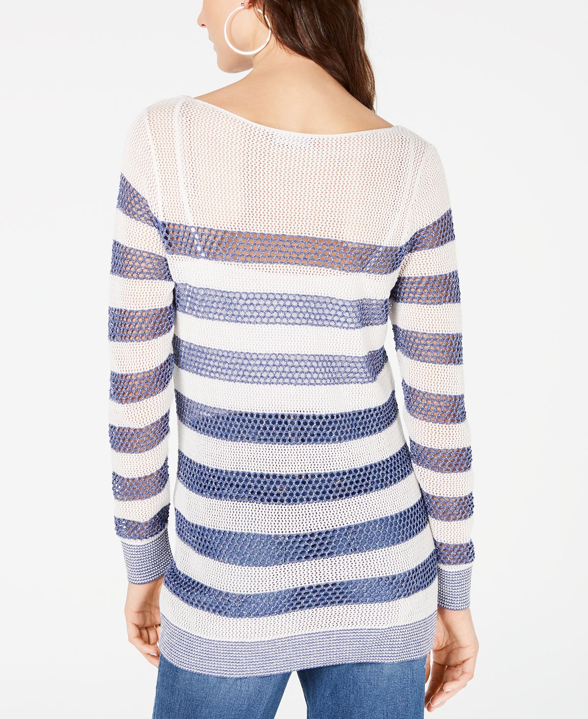 INC International Concepts Women's Striped Open Stitch Sweater White Size Petite