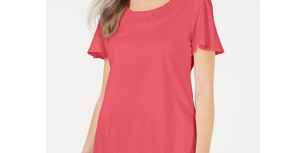 Karen Scott Women's Braided Neck T-Shirt Coral- Size Medium