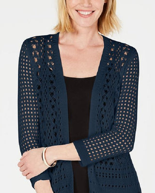 Charter Club Women's Open Stitch Cardigan Completer Sweater Blue Size M