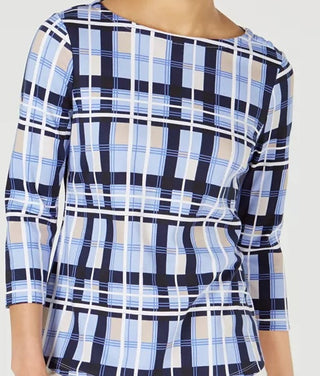 Charter Club Women's Cotton Plaid Boat Neck Top Blue Size Petite Small