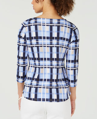 Charter Club Women's Cotton Plaid Boat Neck Top Blue Size Petite Small