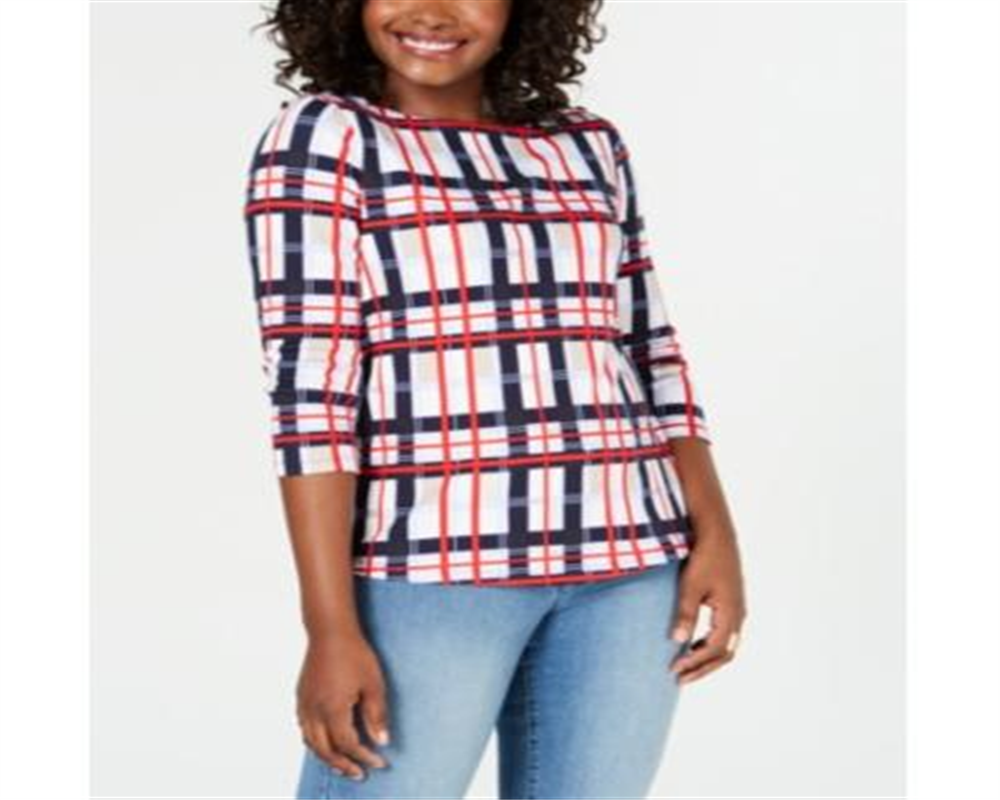Charter Club Women's Cotton Plaid Boat Neck Top Blue Size Petite Small