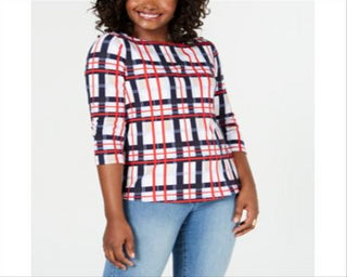 Charter Club Women's Cotton Plaid Boat Neck Top Blue Size Petite Small