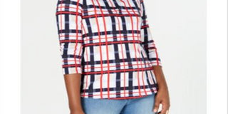 Charter Club Women's Cotton Plaid Boat Neck Top Blue Size Petite Small