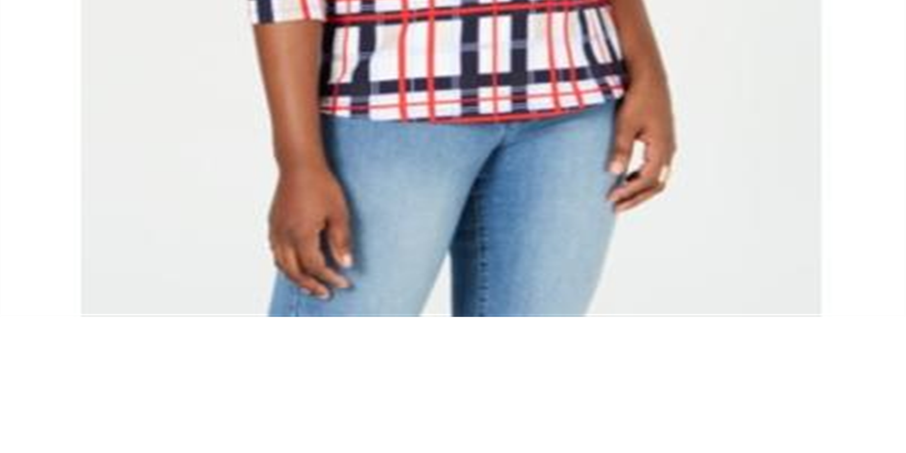 Charter Club Women's Cotton Plaid Boat Neck Top Blue Size Petite Small