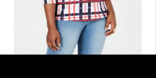 Charter Club Women's Cotton Plaid Boat Neck Top Blue Size Petite Small