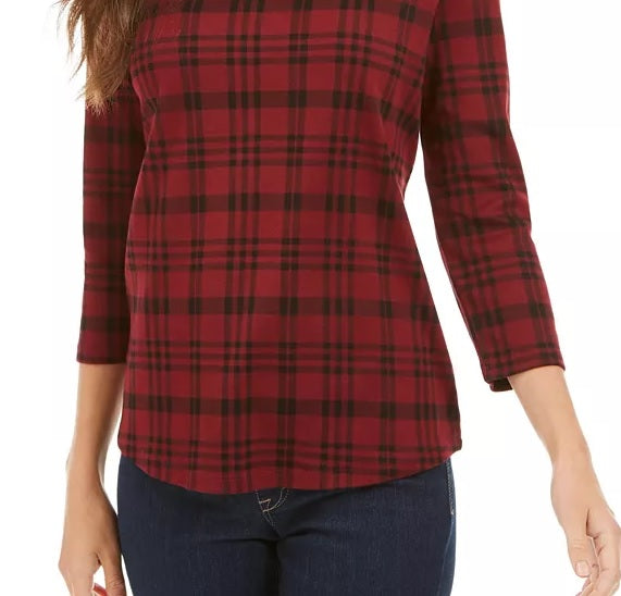 Charter Club Women's Pima Cotton Button Shoulder Striped Top Red Size Petite