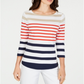Charter Club Women's Pima Cotton Button Shoulder Striped Top Red Size Petite