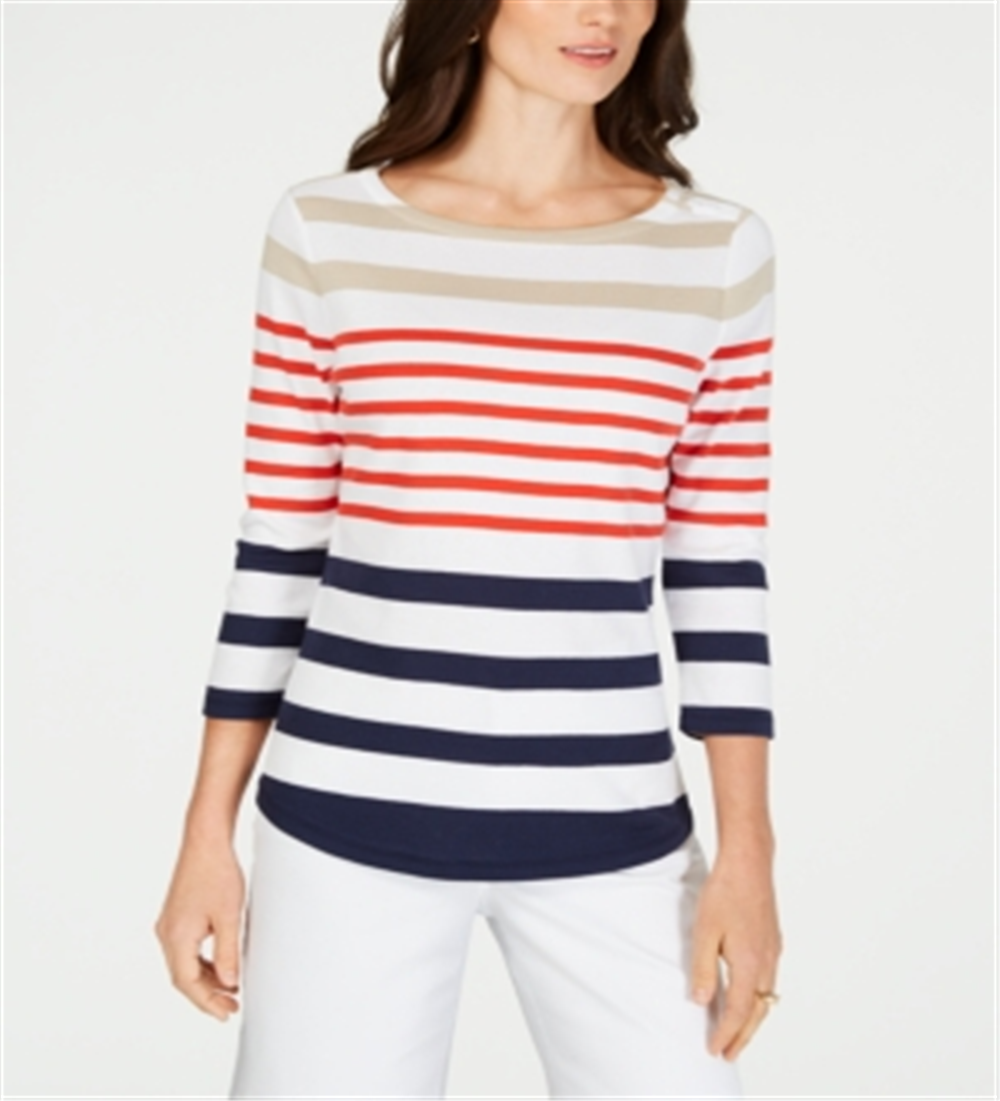 Charter Club Women's Pima Cotton Button Shoulder Striped Top Red Size Petite