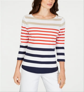 Charter Club Women's Pima Cotton Button Shoulder Striped Top Red Size Petite