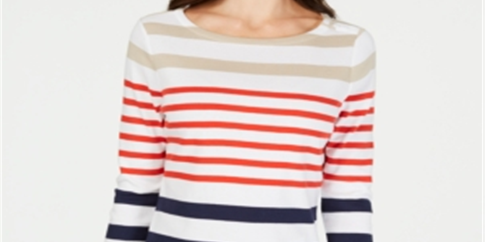 Charter Club Women's Pima Cotton Button Shoulder Striped Top Red Size Petite