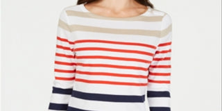 Charter Club Women's Pima Cotton Button Shoulder Striped Top Red Size Petite