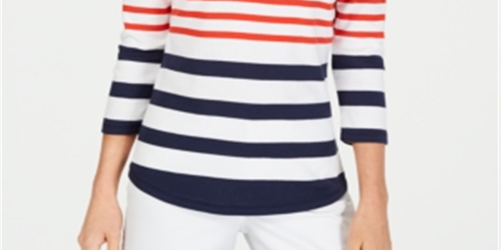 Charter Club Women's Pima Cotton Button Shoulder Striped Top Red Size Petite